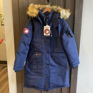 New with Tags!  Canada Weather Gear Navy & Brown Detachable Faux Fur Hood Parka